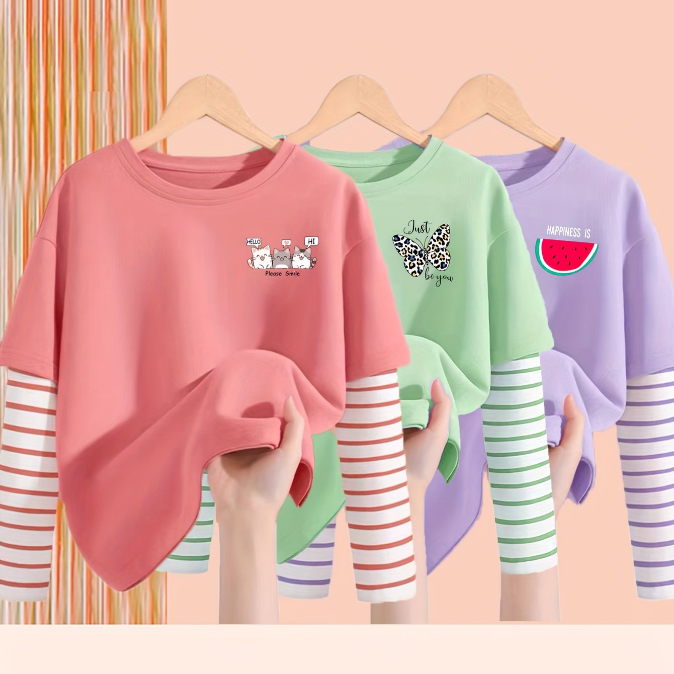 3pcs Girls' Stylish Long Sleeve T-shirts Casual Tops