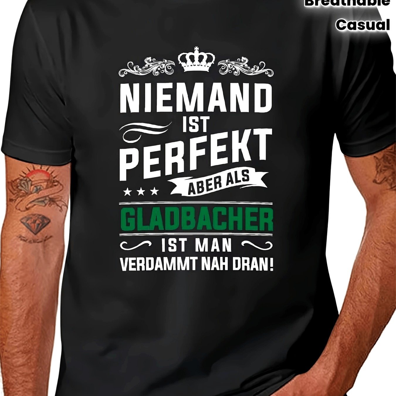 Image of Men's Fc Fan Apparel - Official Team Emblem & Mönchengladbach Print T-shirt | German Supporter Events & Casual Wear | Comfortable Round Neck Short Sleeve Top