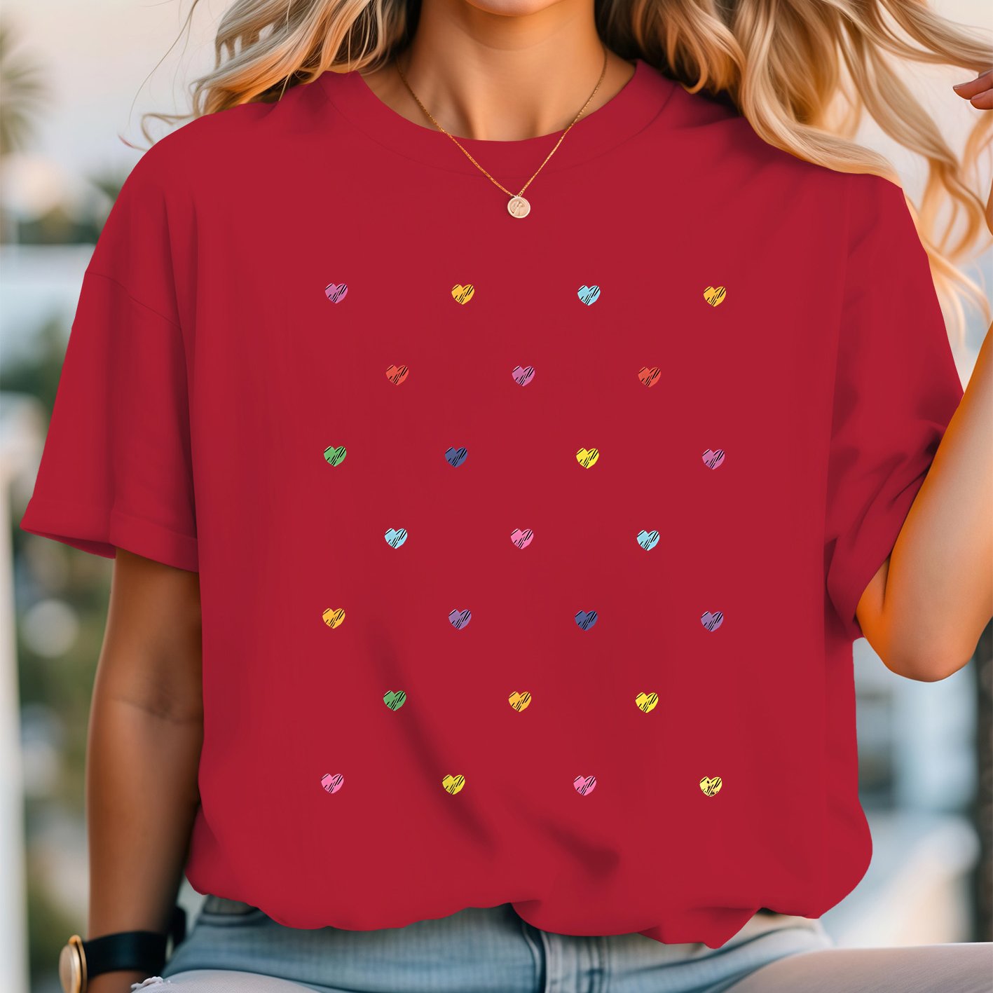 TEMU Women's Elegant Plus Size Loose-fit Short Sleeve Crew Neck T-shirt With Colorful Heart Print, Comfortable, Soft, And Breathable, /summer Style,
