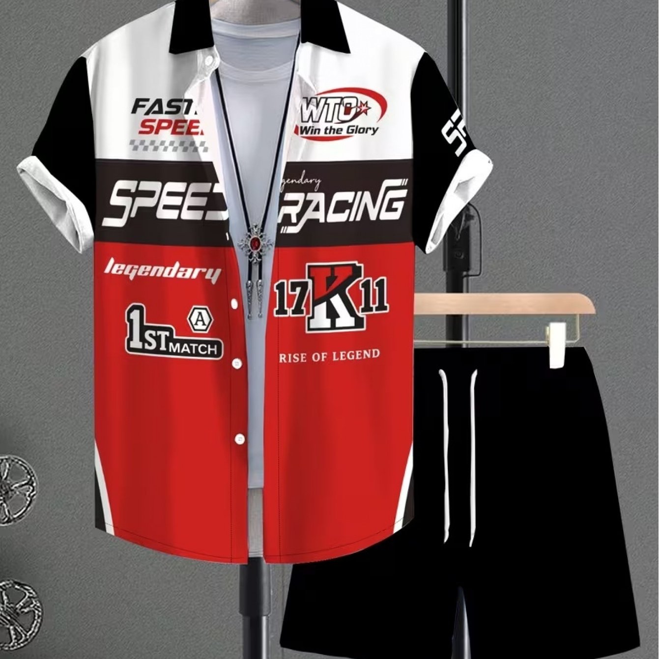 TEMU Red, White, And Black Contrast Color Racing Letter And Number Print Lapel Short Sleeve Shirt With Black Solid Color Shorts - Men's Motorcycle