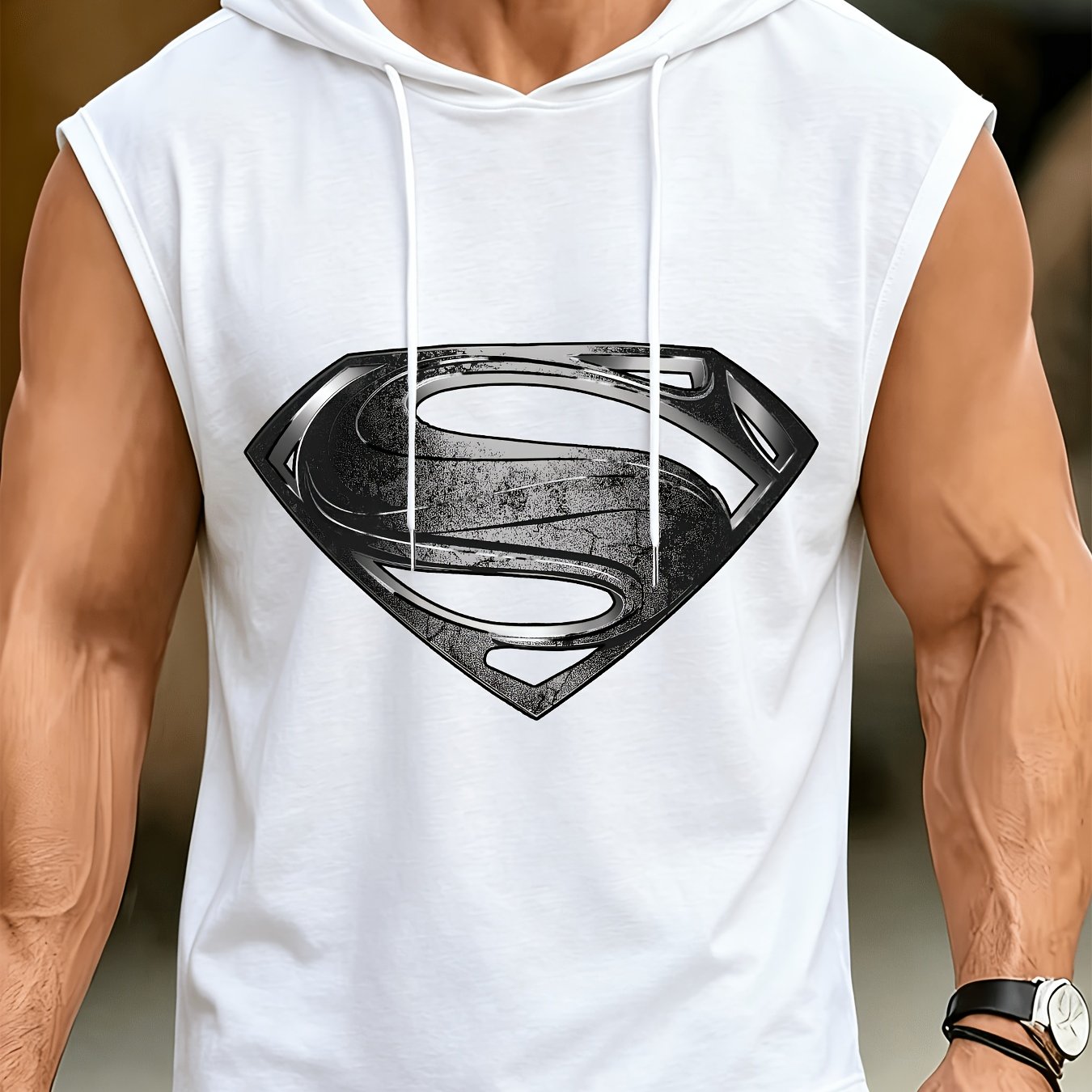 TEMU [warner . Licensed], Wb. Comics., 1pc, Superman Men's/women's Sleeveless Hooded Vest Top/t-shirt, Geometric Print, Sleeveless Vest For Fitness