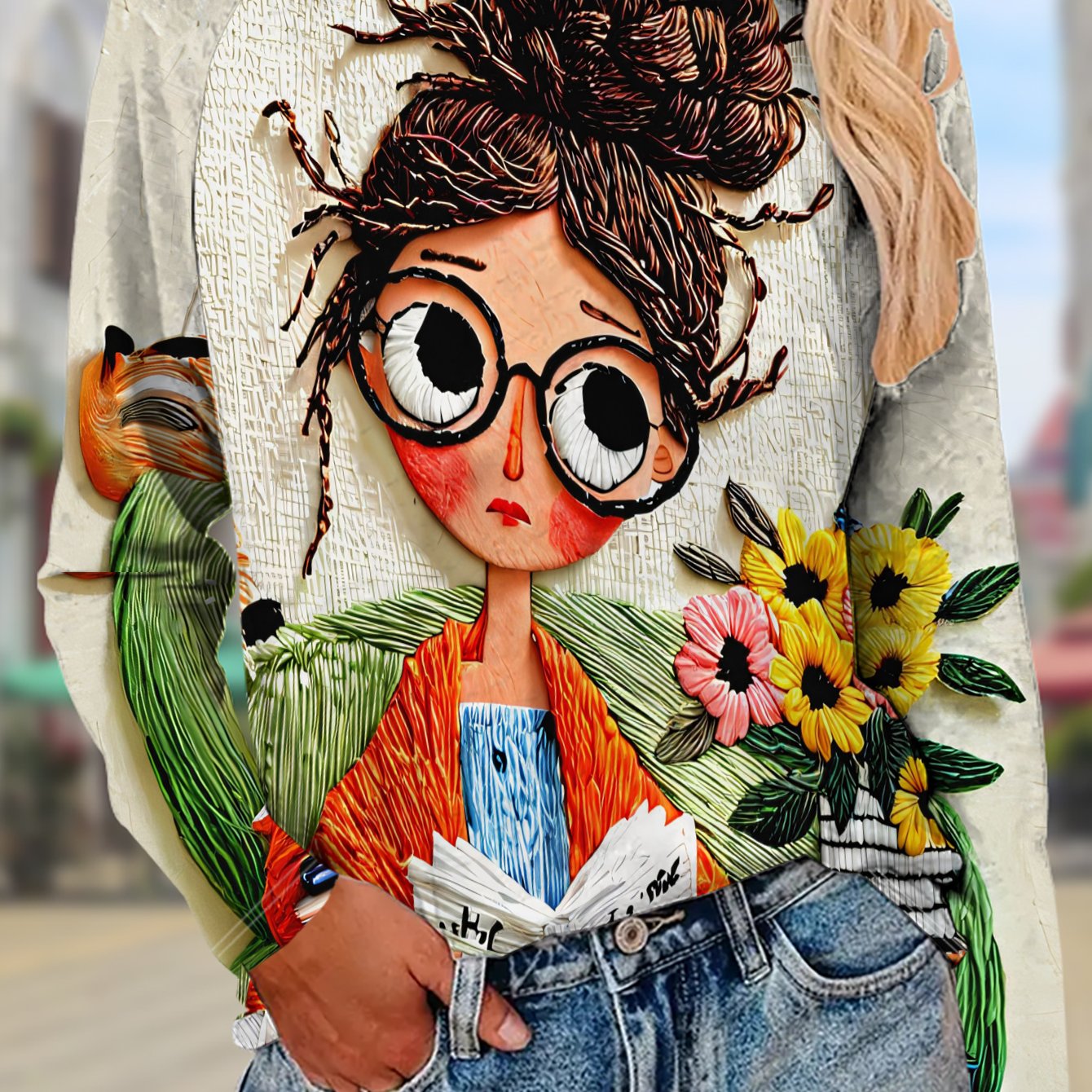 TEMU Women's Vintage Reading Book Full-body Print Long Sleeve Blouse - Casual Machine-washable T-shirt With Cozy Literary Illustration Top For Casual