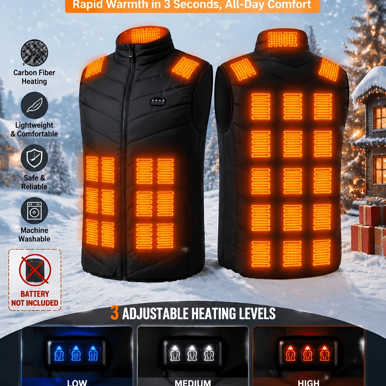 TEMU Men's And Women's Heated Vest, Unisex, 33-zone Heating With 4 Control Switches, 3-level Adjustment, Warm Jacket, Casual And Stylish, Winter