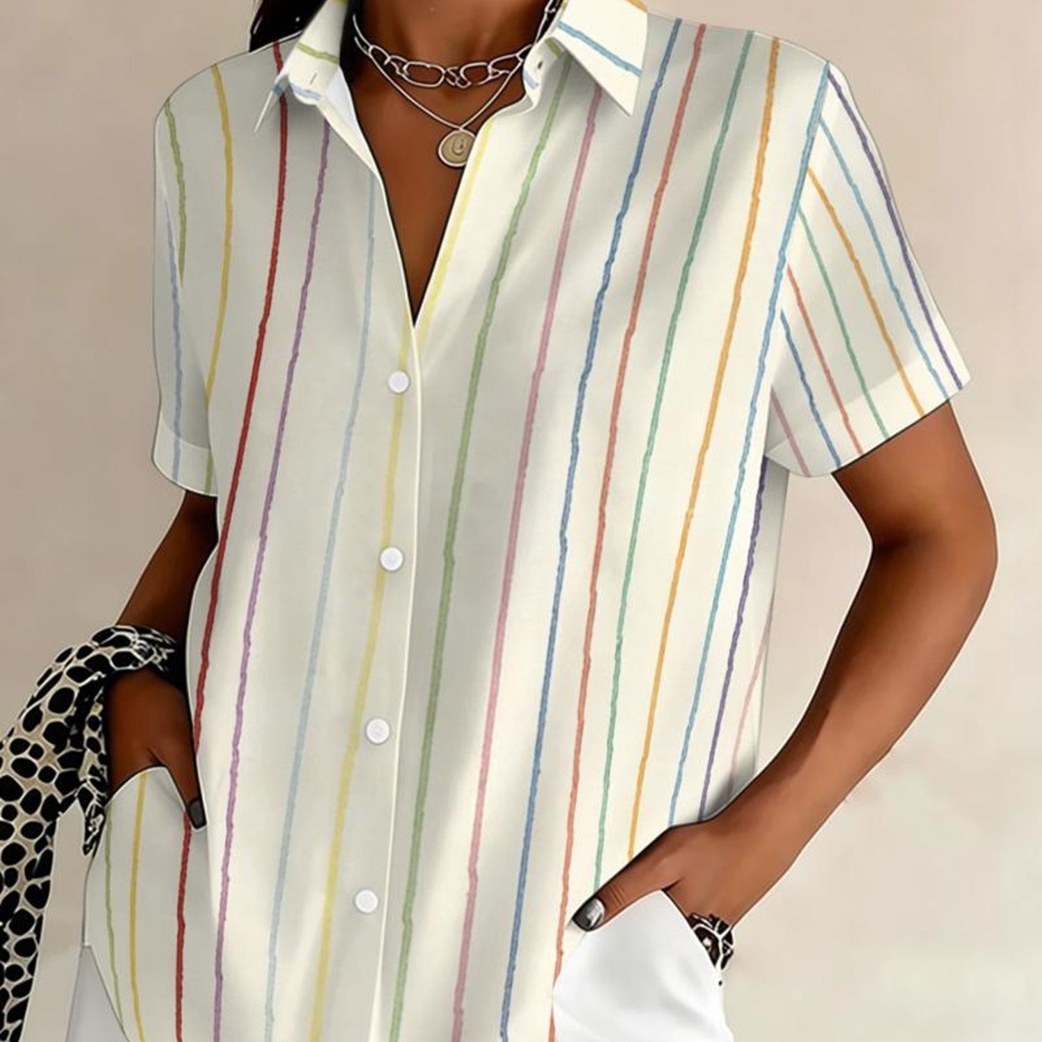 TEMU Plus Size, Plus-size Women's Summer Short-sleeve Button-up Cardigan Shirt With Lapel Collar, Featuring A Colorful Wavy . In Multiple Sizes,