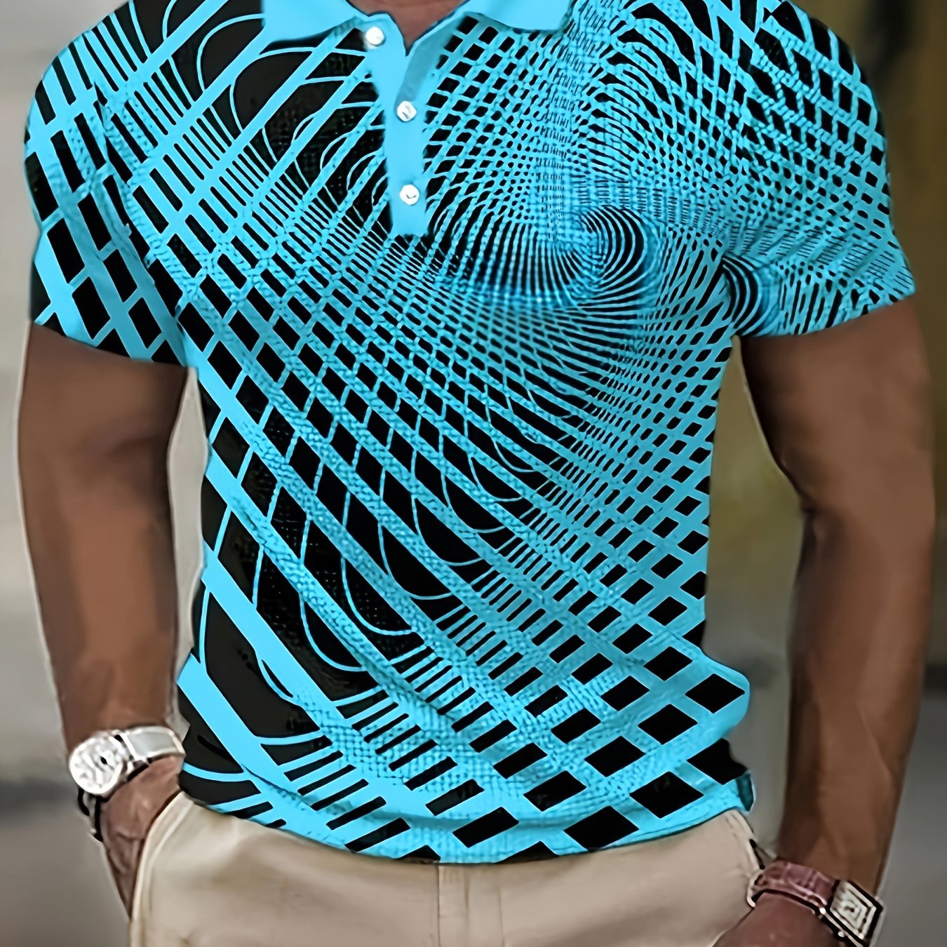 Image of Men's Short-sleeve Button- Shirt With Geometric 3d Print, Fashionable Lapel Button-up Shirt