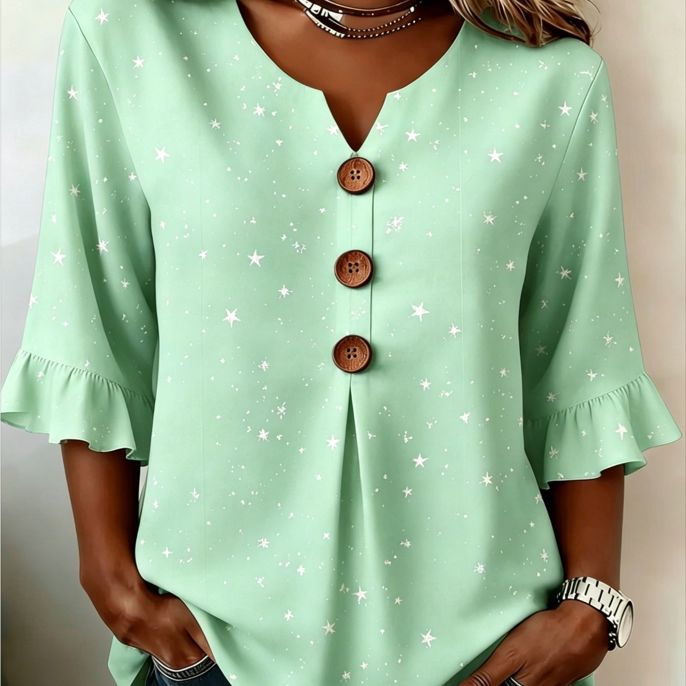 Image of Plus Size, Large Size Women's V-neck Button Style Autumn Fabric Printed Casual Top, Suitable For Daily Wear, Is For Mothers And Sisters
