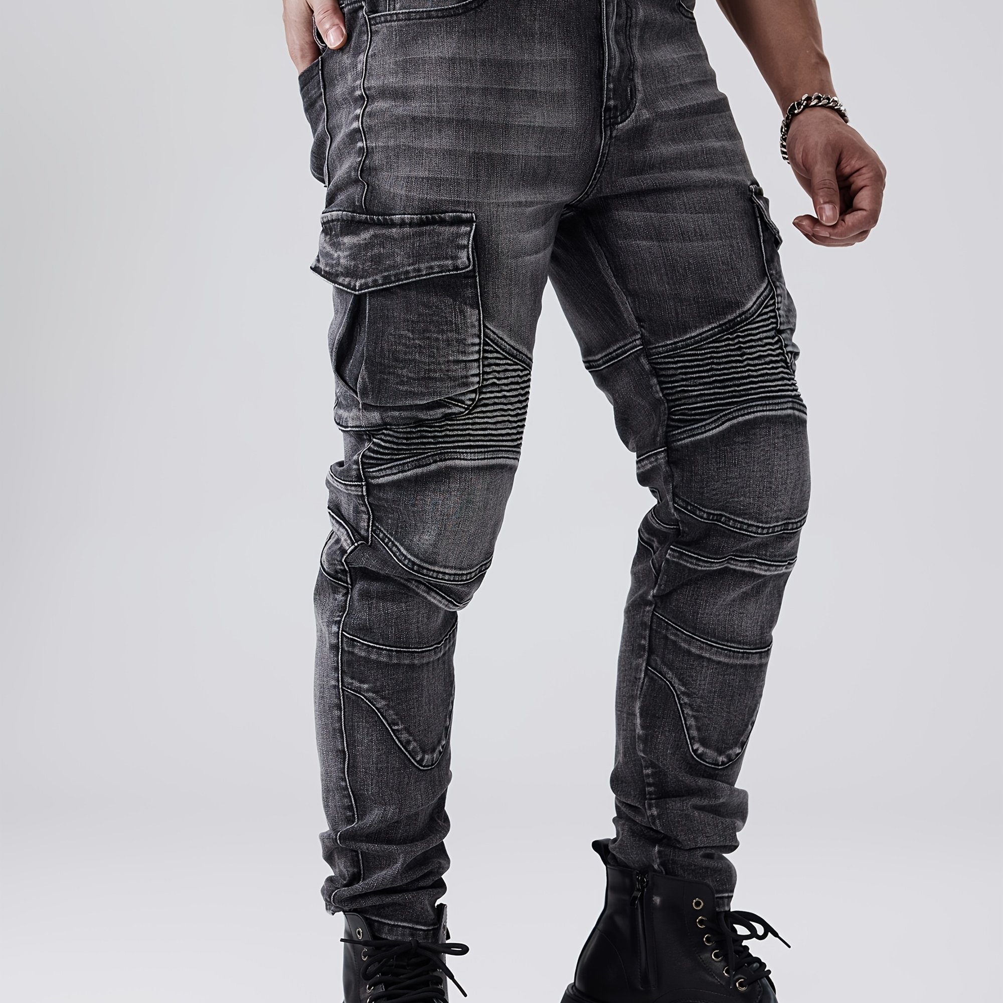 Men's Stretch Multi-pocket Denim Pants, Fashionable Biker Jeans