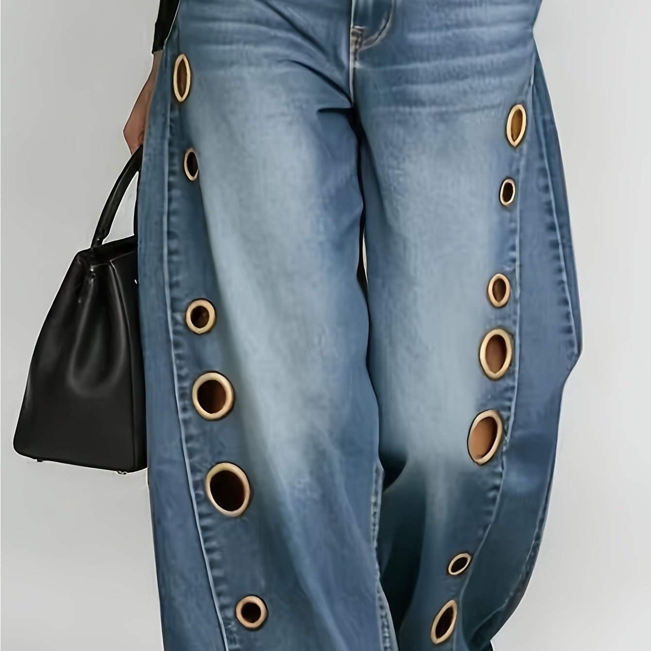 Image of Jeans For Women, With Metal Eyelets Designed For Casual And Loose Fit, High Waisted And Wide Leg Jeans, Street Trendy And Cool Women's Clothing, Black Light Blue