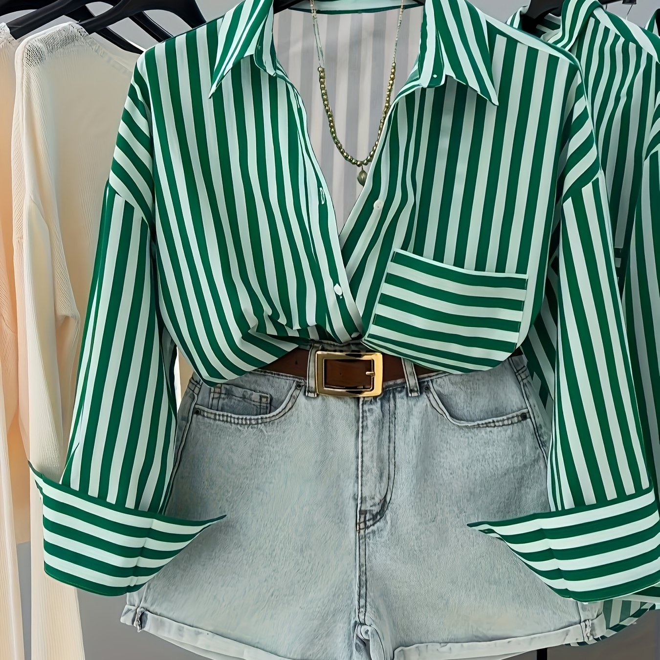 E-shop Neue Modische Casual Langarm-Streifen-Satin-Damenbluse, Knopfkragen-Bluse, Langarm-Streifenbluse, Bluse für den , Frühlings-Sommer-Herbst-Bluse,