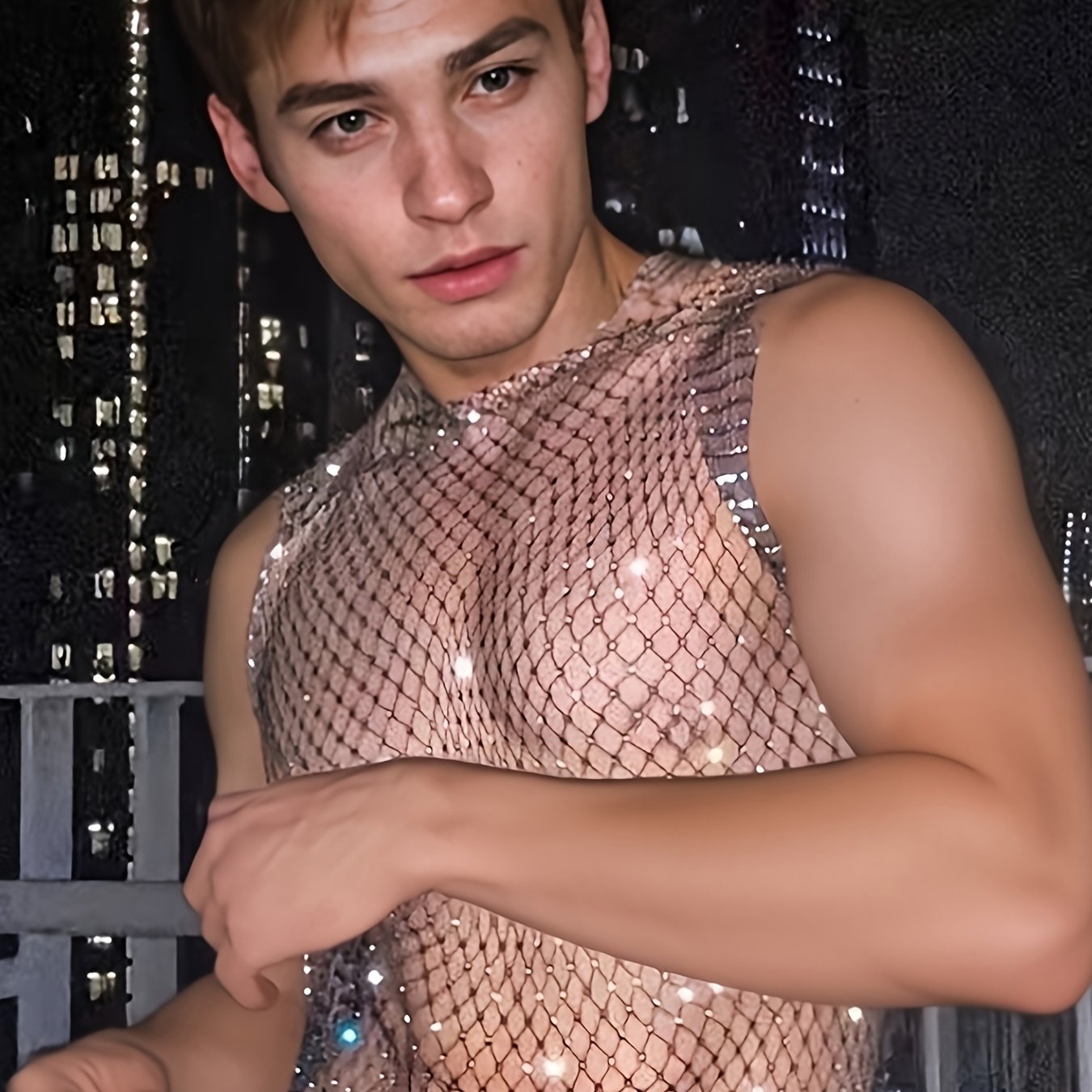 Image of Men's Hollow-out Rhinestone Sheer Fishnet Tank Top, Suitable For Parties, Performances, And Casual , In Sizes Xs To L