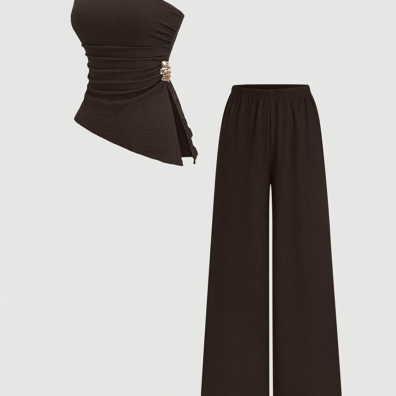 TEMU Solid Color Pleated Metallic Decorative Bustier Top High-waist Drapey Long Pants Two-piece Set Women's Western Style Strapless