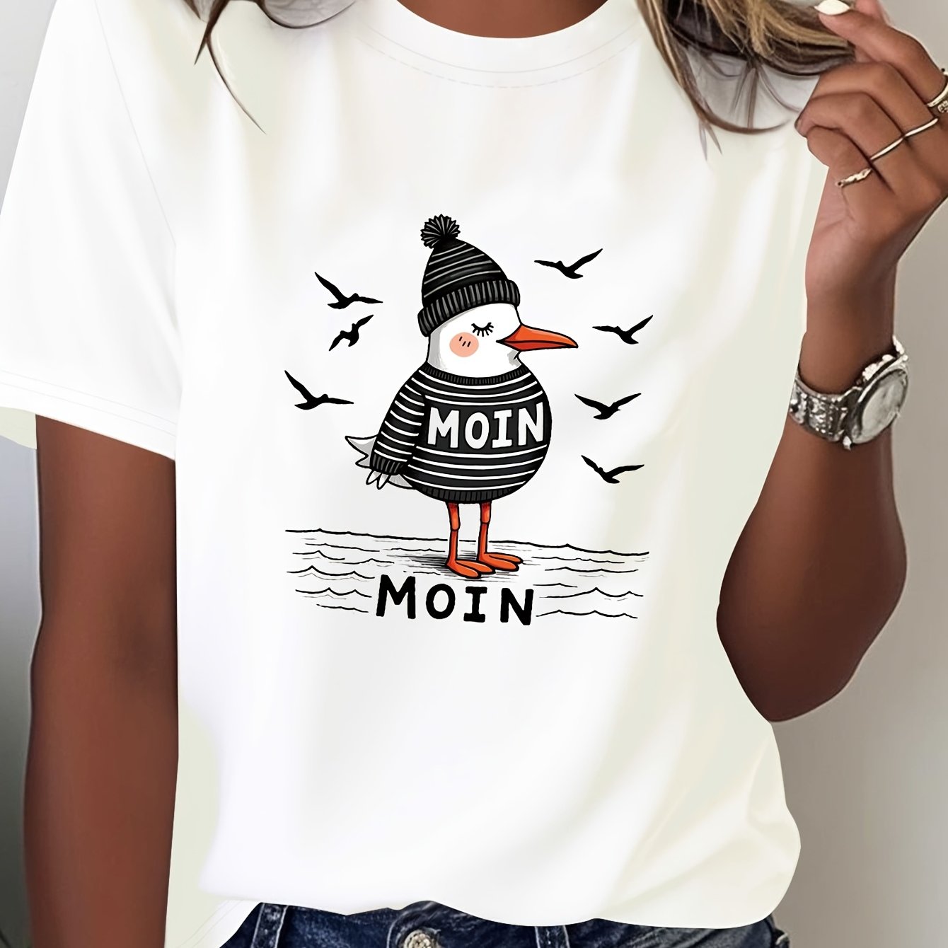 Image of Northern German Greeting Moin Striped Seagull & Wave Graphic Print Women's T-shirt, Short Sleeve Crew Neck Casual Top For Summer & Spring, Women's Clothing