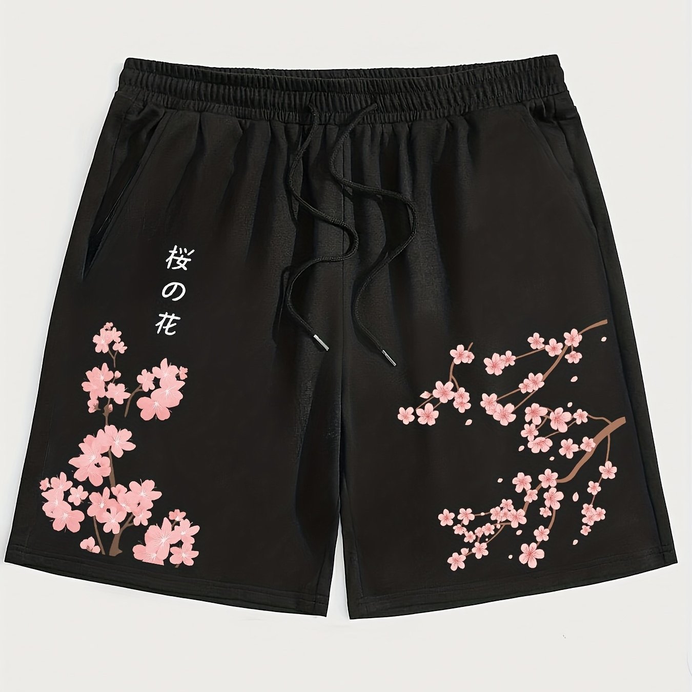 TEMU Shorts de sport décontractés pour hommes avec imprimé de fleurs de prunier et lettrage, cordon de serrage à la taille et poches, shorts de mode