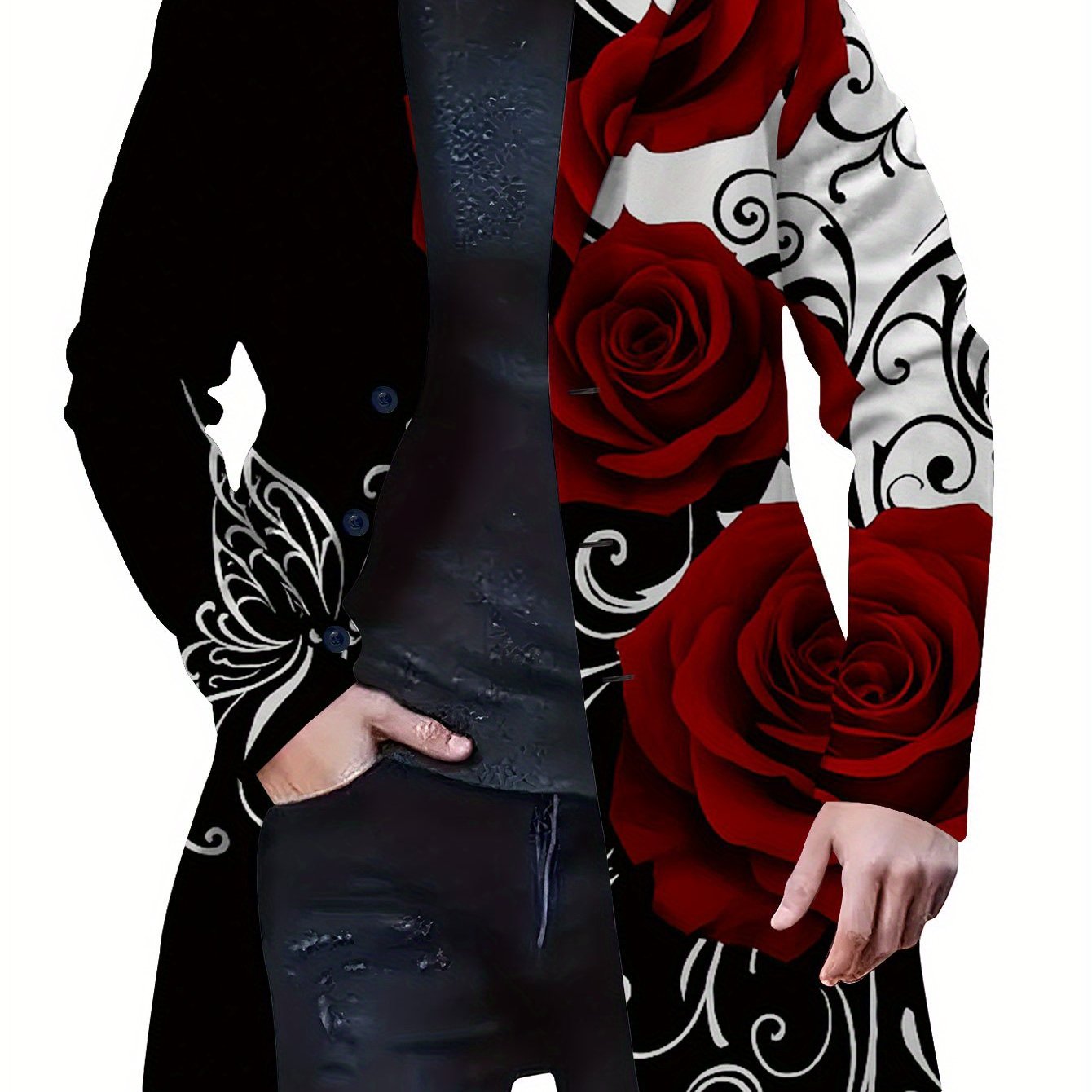 TEMU Plus-size -blend Men's Casual Suit-style Trench With Red Rose And Pattern, Black, White, And Red Decorative Graphics. Fashionable, , ,
