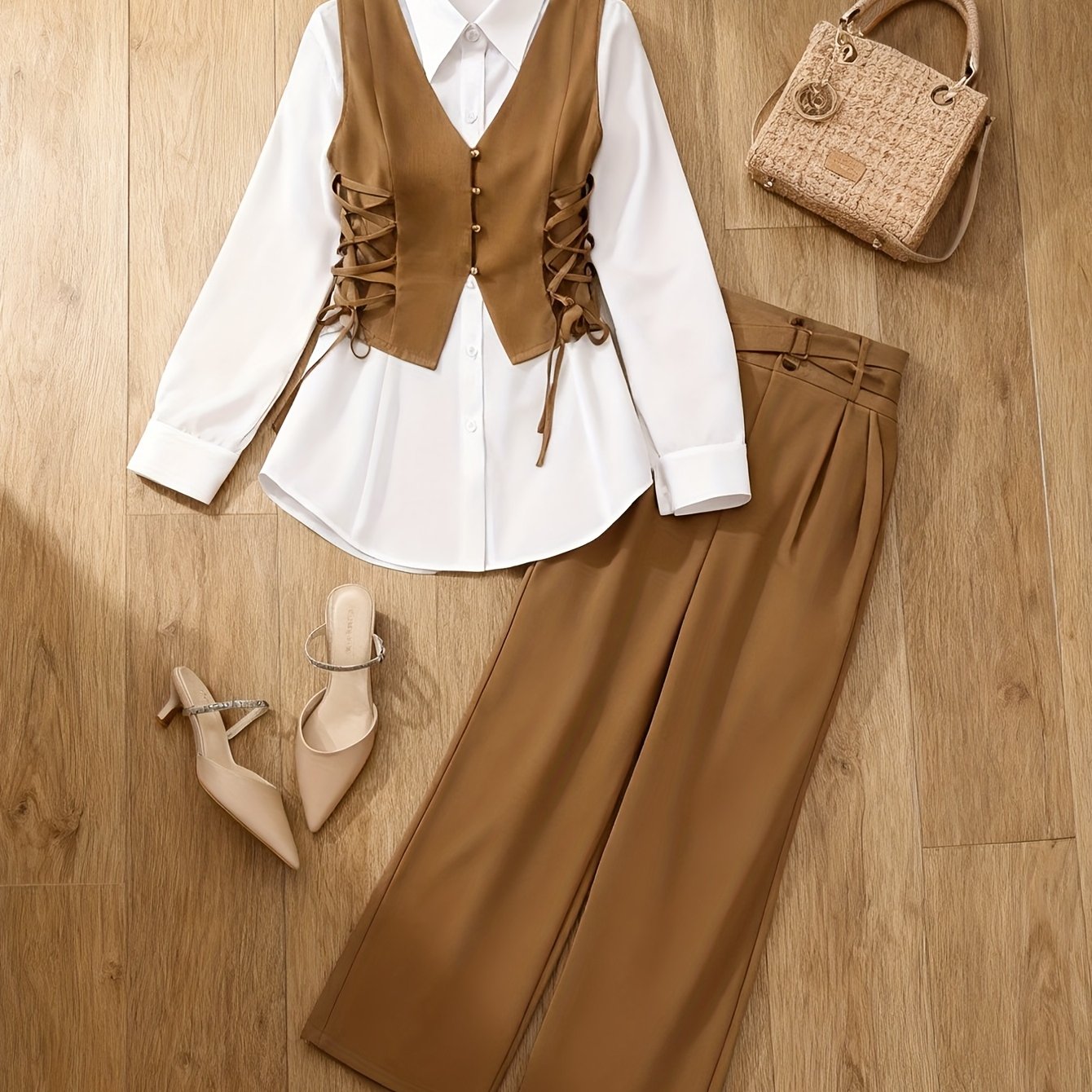 Image of 3pcs Set: Sleeveless Vest Top With A Fashionable Design, Women's Straight-leg Pants With A Double-layer Waistband, And A Long-length Cinched-waist Shirt