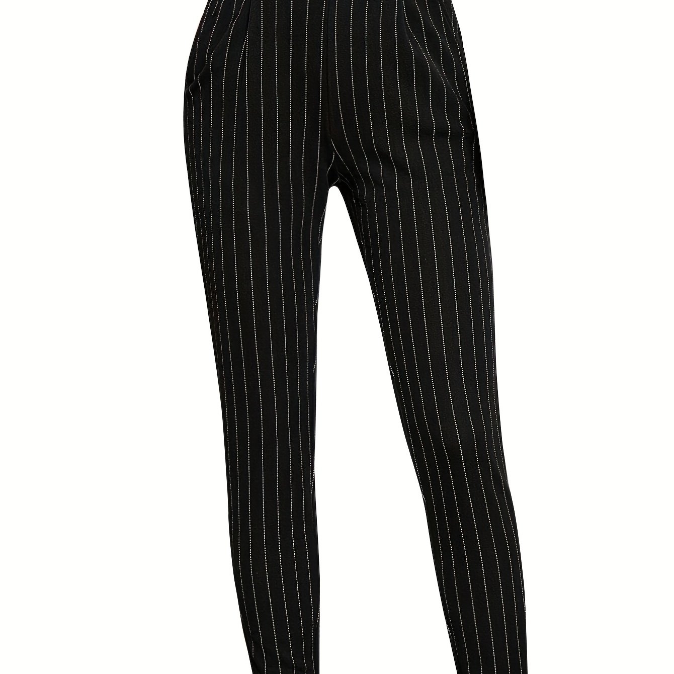 Elegant Women' Striped Slim-fit Pants With Pockets - For , Machine Washable, For Autumn, Spring