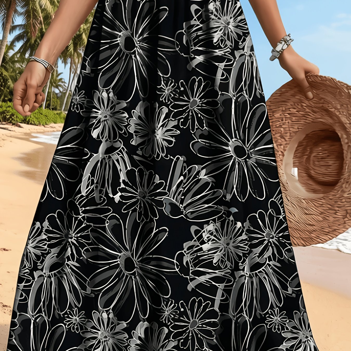 TEMU Plus Size - Plus Size - Plus Size Women's Floral Print Long Skirt - Spring/summer/fall Mid-length Pleated Dress With Small Floral Pattern -