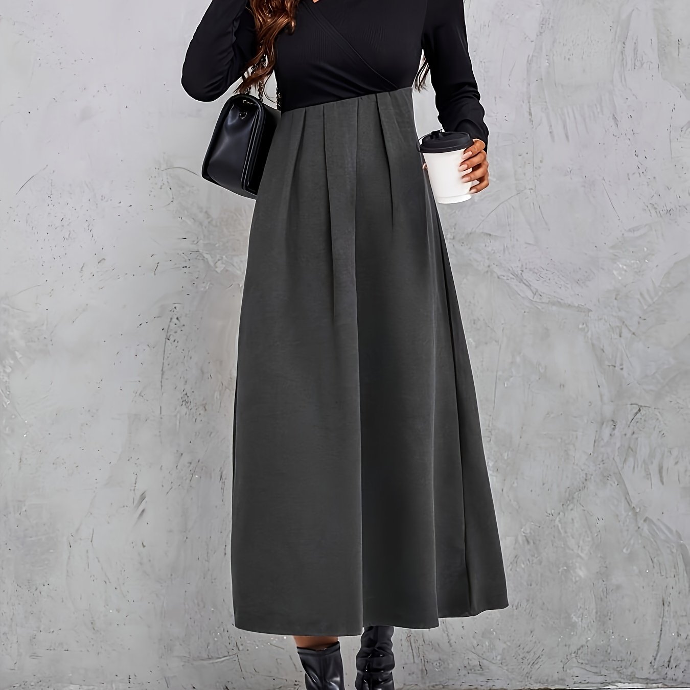 Image of #d0705 Asymmetrical Collar Pleated Skirt, Fashionable Dress, Casual Solid Color Dress, Elegant Versatile Dress, Suitable For Daily Casual Wear, Dates, Parties, Or Business Occasions