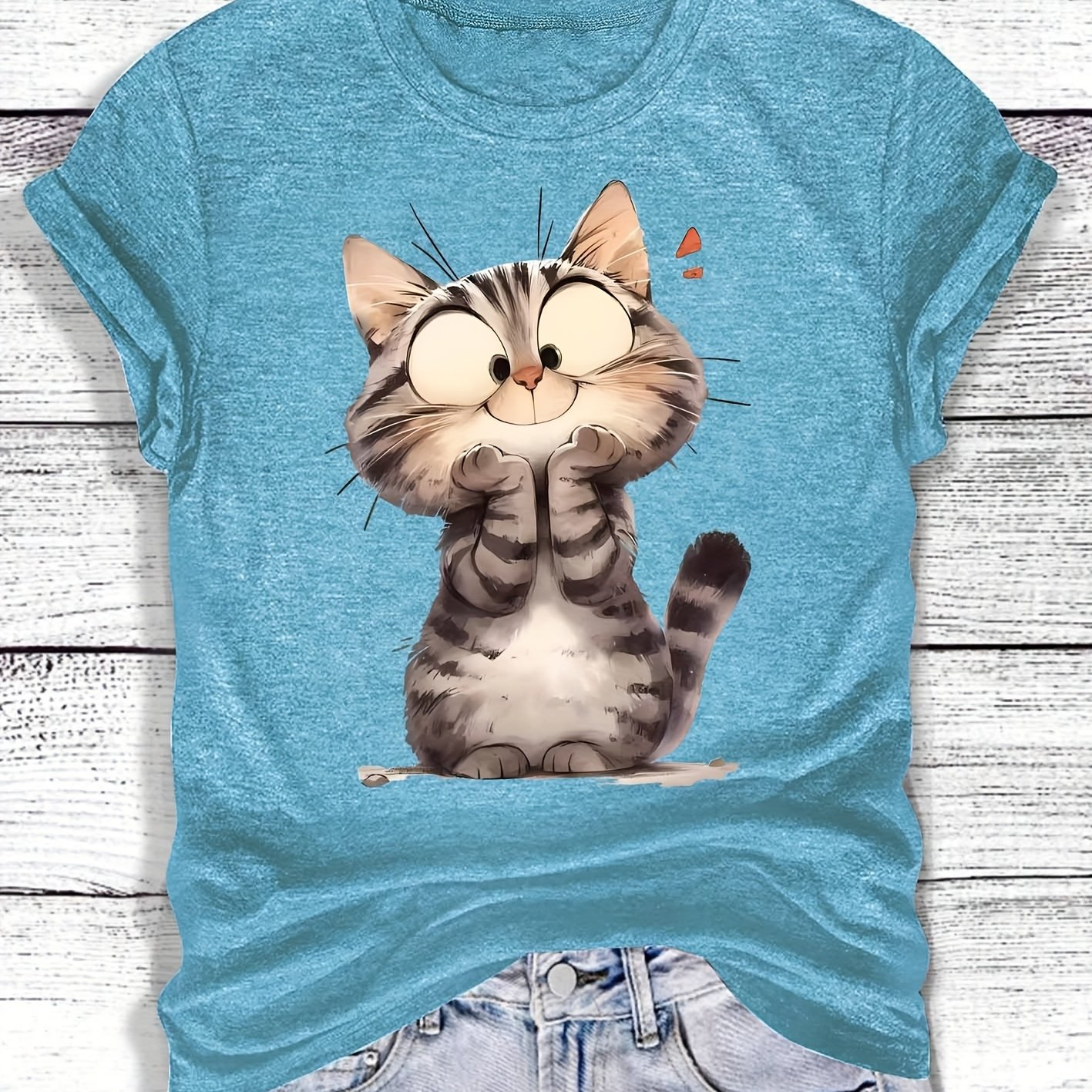 E-shop Damen Kurzarm-Serie Niedliches Leopardenmuster Kätzchen-Grafik Rundhals Casual Vintage-Stil, Frühling Herbst Freizeit-Sportbekleidung, Rundhals