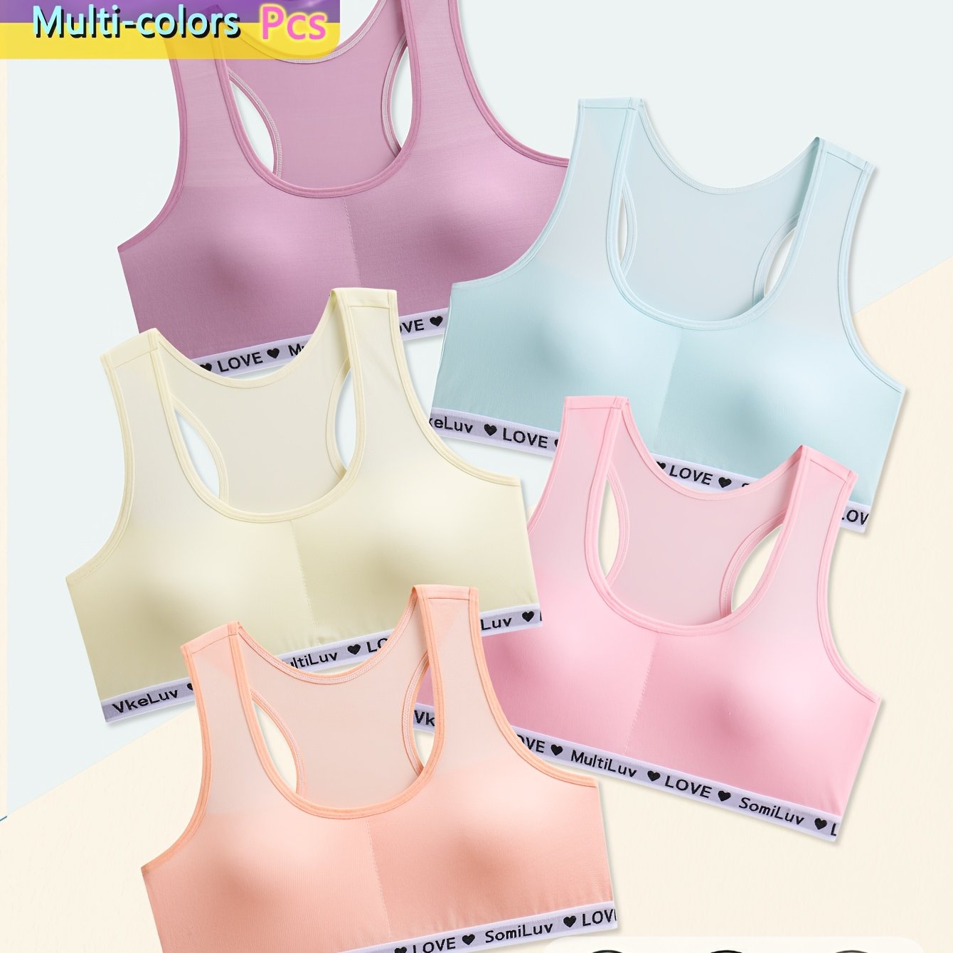 TEMU 5-pcs Girls Racerback Vests, Removable Padding Beginning Bras, Random Colors And Elastic Sports Bras, Random Colors Underwear Gifts For