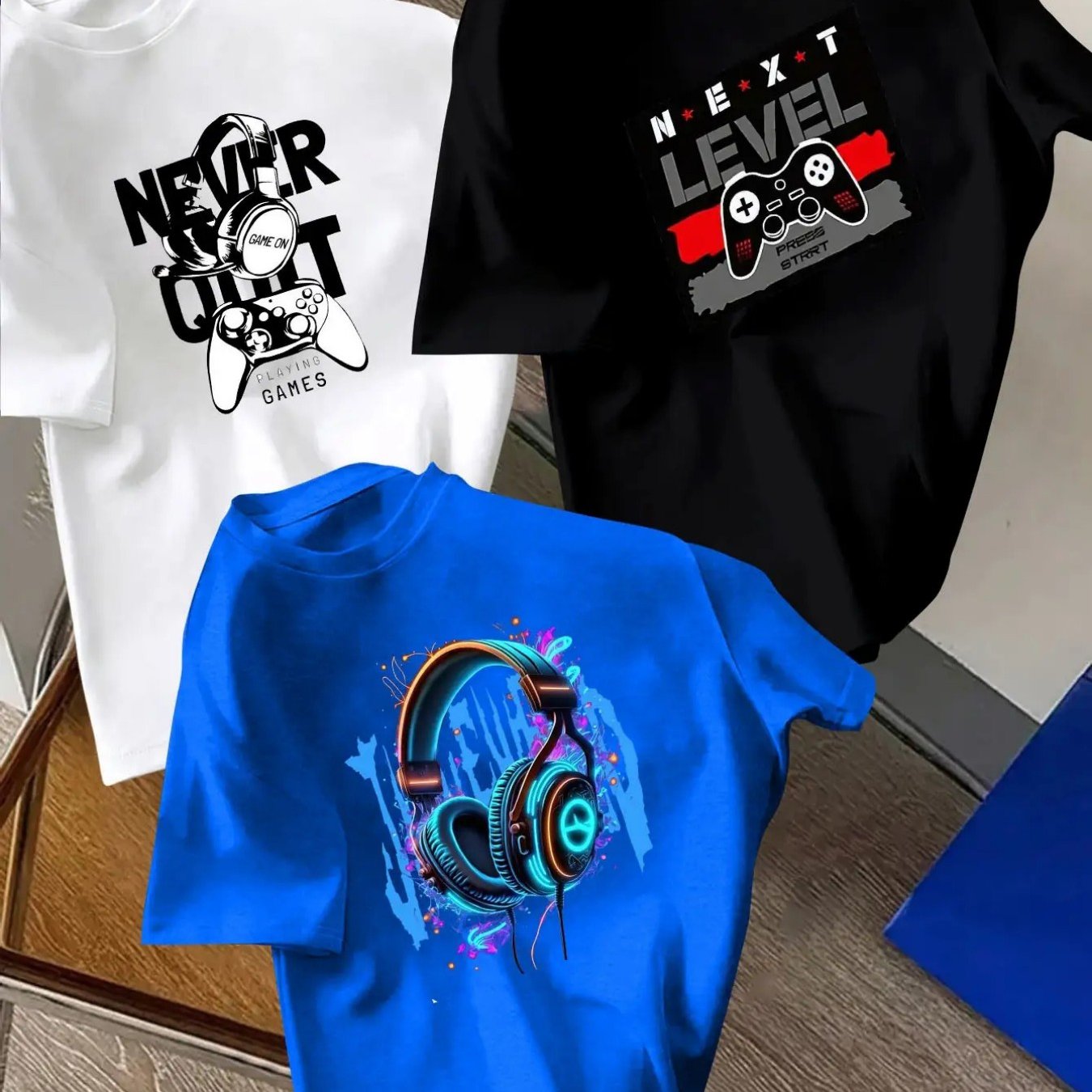 Image of 3pcs Boys' And Teens' Fashionable "game Console" Gamer Print Short-sleeve T-shirt Set, Featuring Designs. Suitable For Indoor Leisure Activities, Outdoor , Back-to-, And Occasions Like Gift-