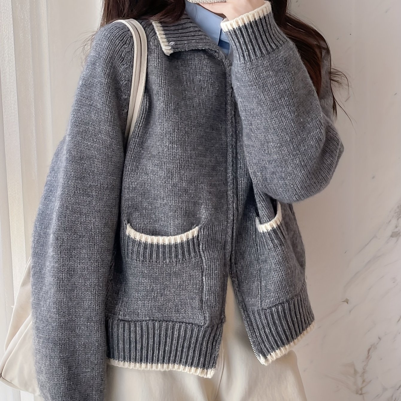 TEMU Women's Color Block Zip-up Cardigan With Lapel Collar - Acrylic Blend Knit Sweater, Jersey Material, Solid Color Design, Regular Length For Spring/fall - Middle East