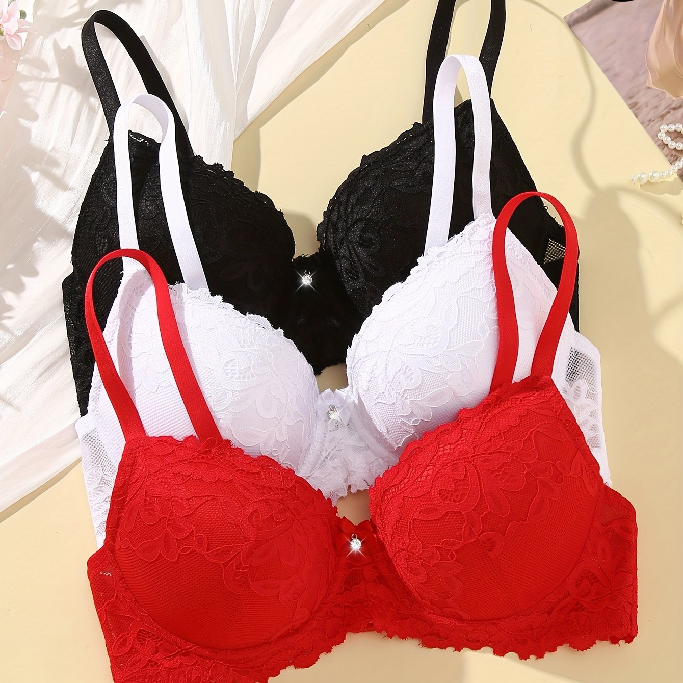 3pcs Underwire Lace Push-up Invisible Bras For Women