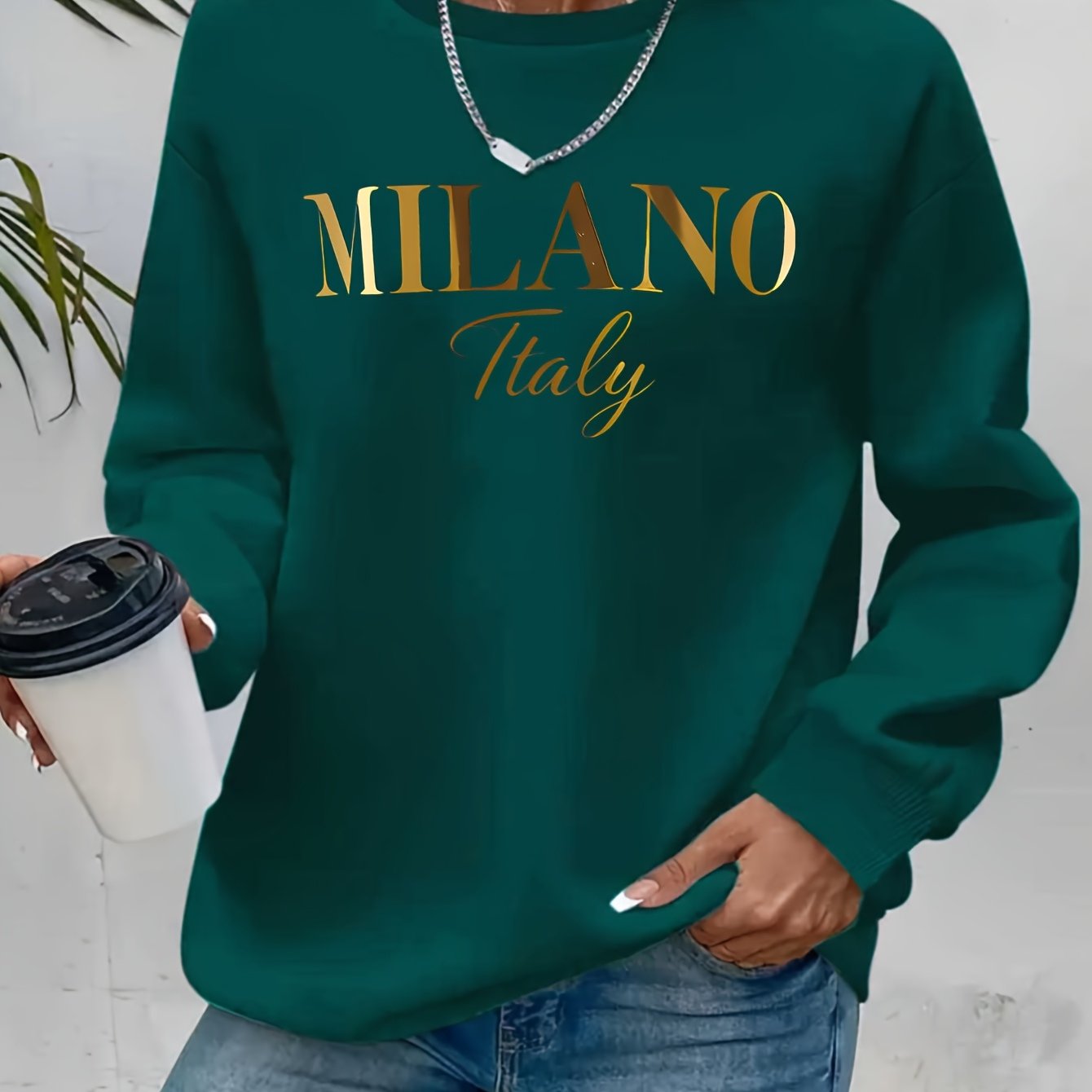 TEMU Fashionable " Italy" Letter Print Design Women's Casual Crew Neck Sweatshirt, Women's Crew Neck S Shirt, Versatile Sweatshirt For Casual And