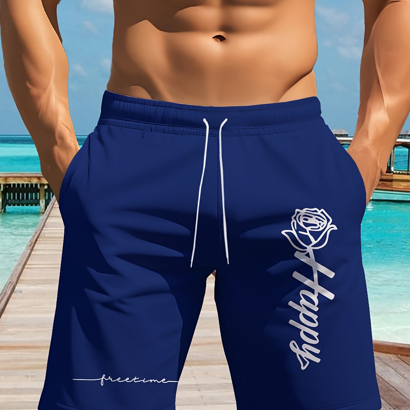 Summer Beach Pool Men' Waistband Shorts, With Pockets
