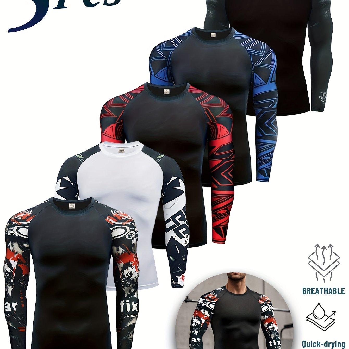 TEMU 5pcs Men's Long Sleeve Athletic Crew Neck T-shirt Shapewear - Breathable, Moisture-wicking, Stretchy Fabric With Vibrant Geometric Patterns,