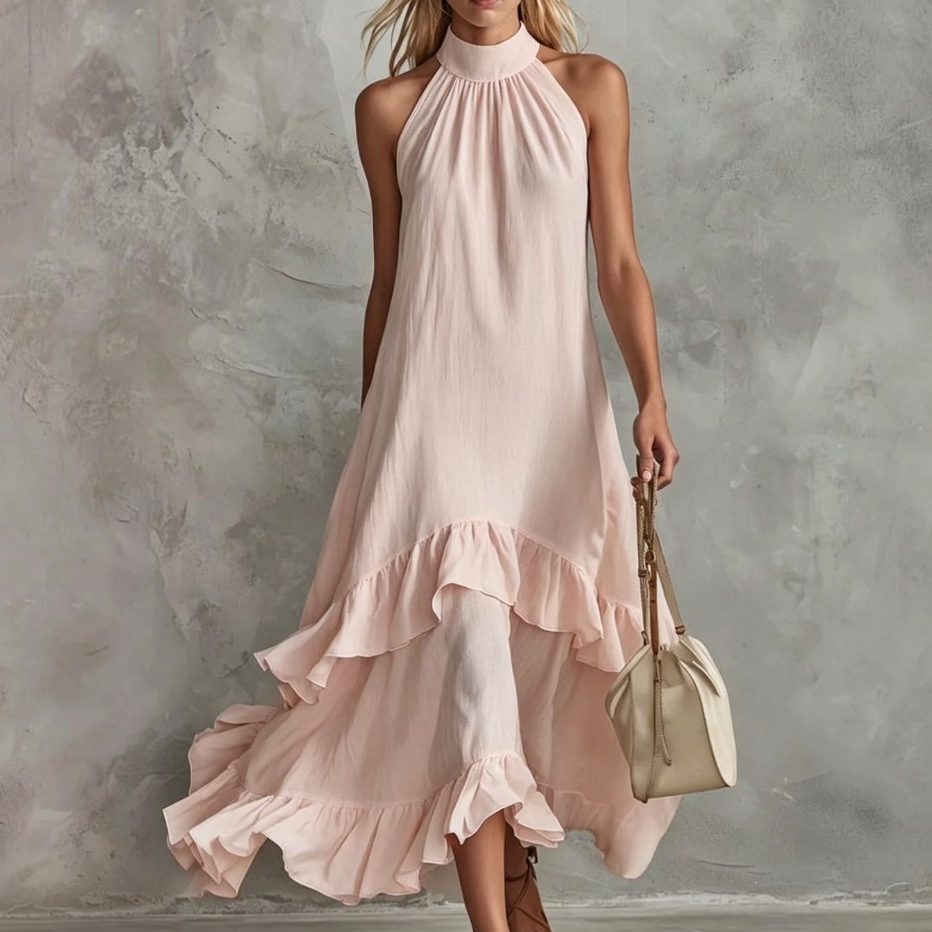 Image of Women's Boho Bohemian Sleeveless Midi Dress - High Neck Asymmetric Hem Beach Dress With Flowy Ruffles, Boho Elegant Summer Dress Suitable For Vacation, Wedding Guest, Casual Outfits