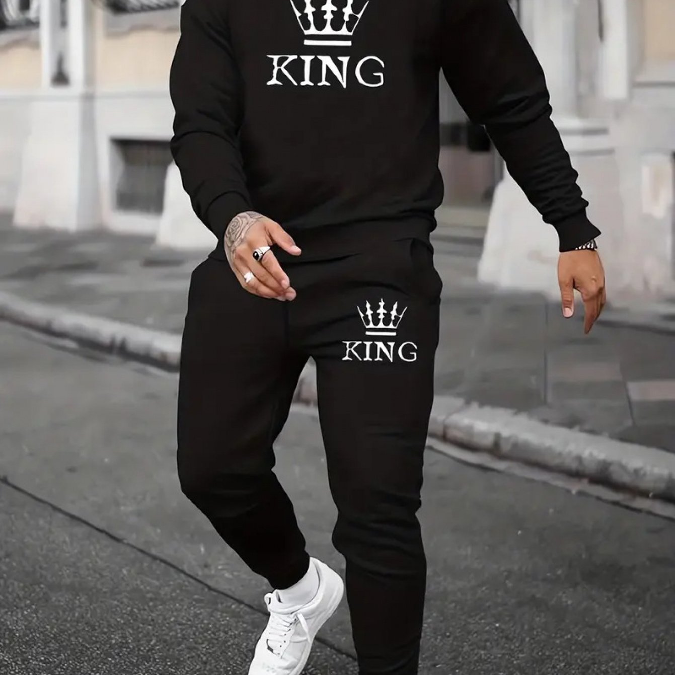 TEMU New Minimalist Letter Crown Pattern Men's Casual Sweatshirt Set, Holiday Gift, Simple Fashionable Trendy Print, Comfortable And Breathable,,