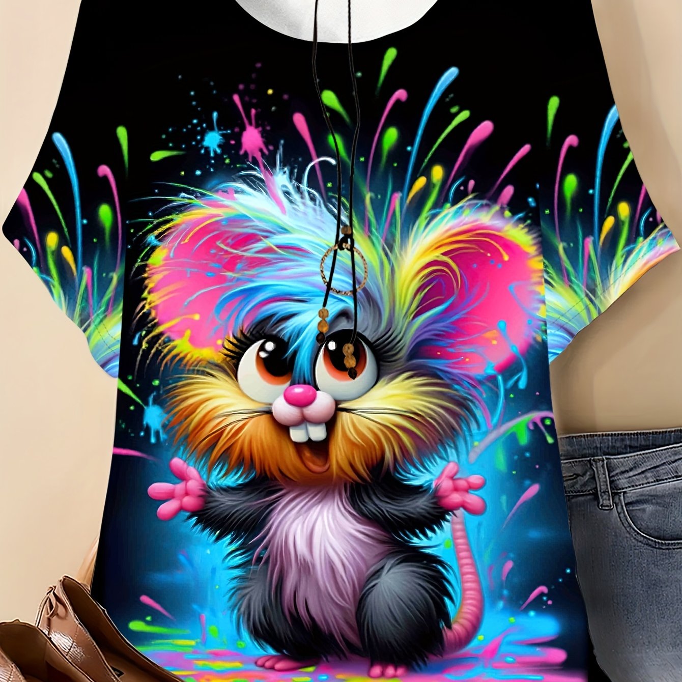 TEMU Plus Size - Plus Size - Plus-size Women's Clothing, Loose-fitting T-shirt In Larger Sizes - Featuring A Cute Blue Mouse Design With A Neon Spray