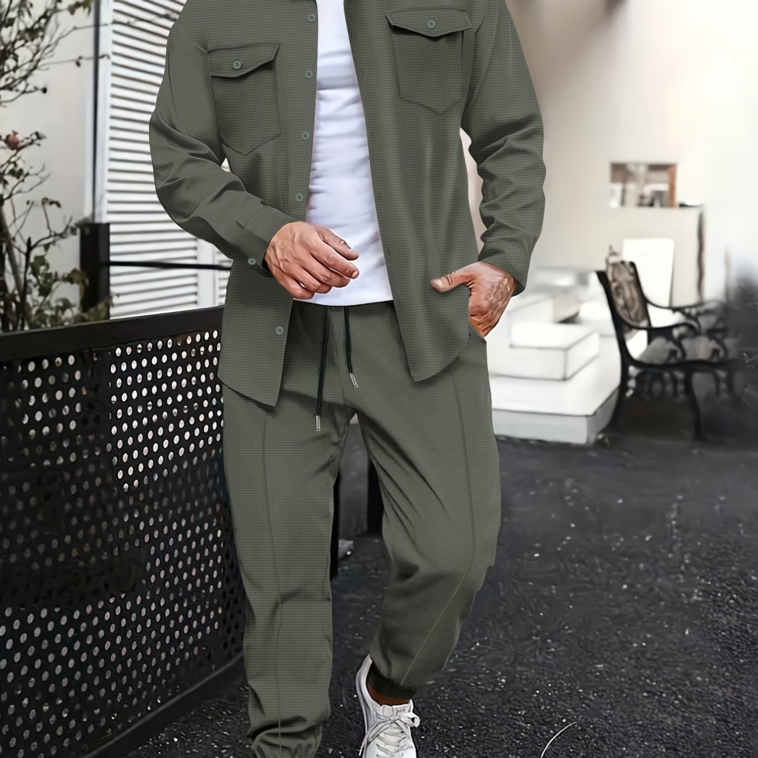 TEMU Completo sportivo casual da , camicia a maniche lunghe con tasche multiple e pantaloni abbinati, tessuto traspirante e elasticizzato, design con