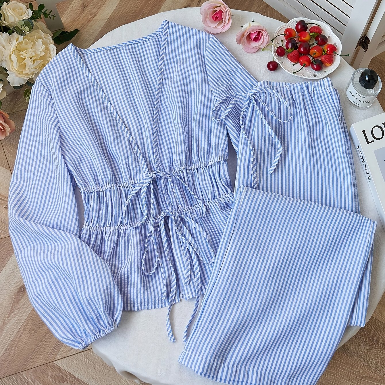 E-shop 95173# Elegantes, lässiges vielseitiges Set mit langärmeligem, gestreiftem, vorne gebundenem, plissiertem V-Ausschnitt-Shirt Hose mit Kordelzug