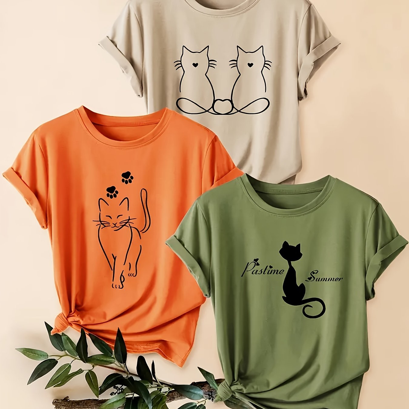 TEMU Three-pack Women's Animal Print Short Sleeve T-shirts - Cute Cat Pattern Round Neck Casual Loose Fit Summer Tops, Fashionable Vacation Daily