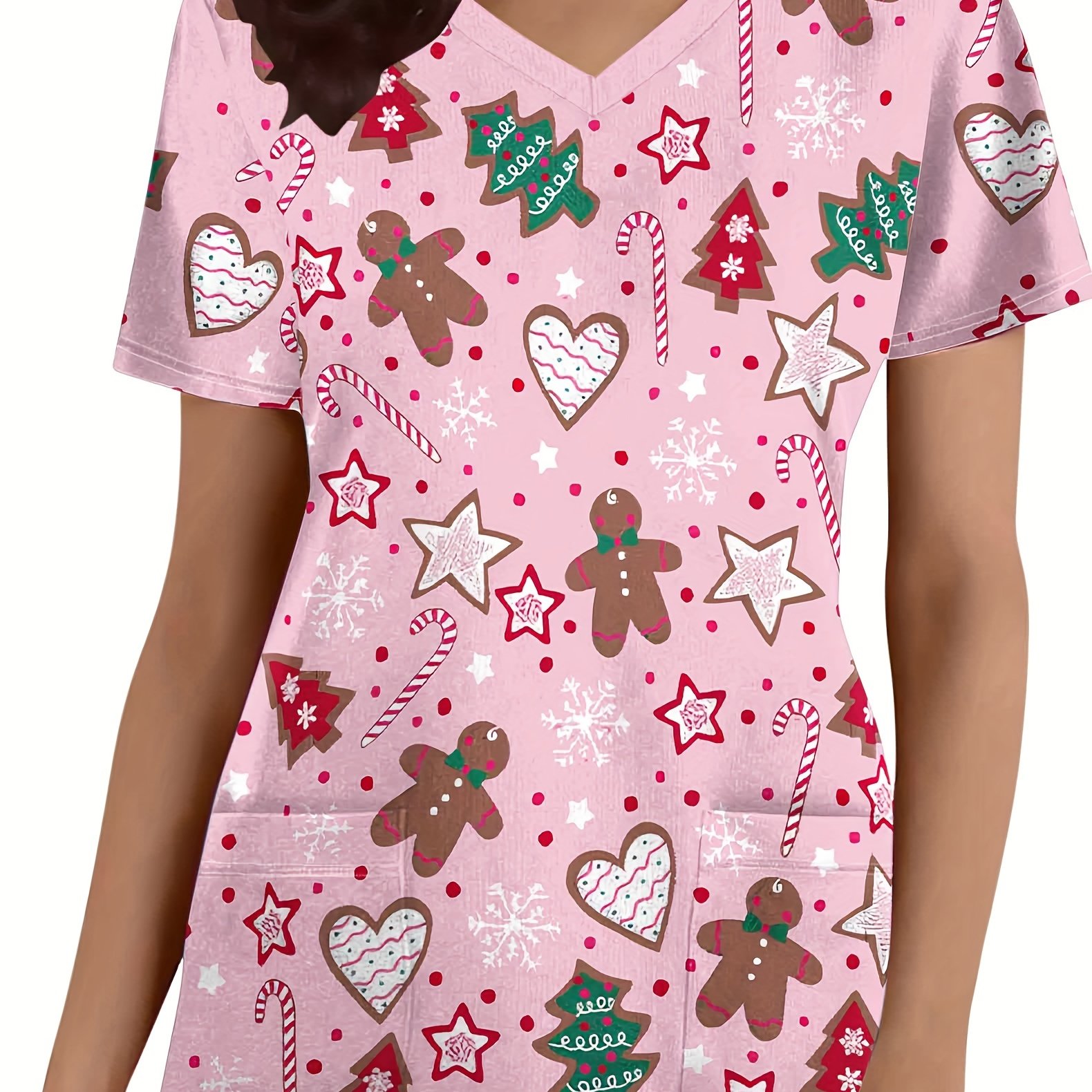 TEMU Christmas Print V-neck Scrub Top, Comfortable & Care Uniform Top, Working In Hospitals & Dental Office, Women's Work Clothing