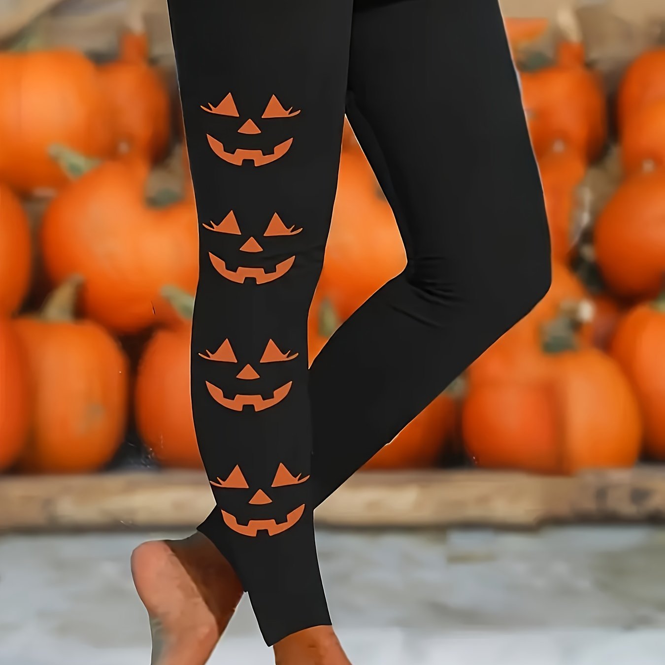 TEMU Plus Size - Plus Size - Plus Size Casual Pants, Women's Halloween Pumpkin Print Stretchy High Waisted Stretch Leggings