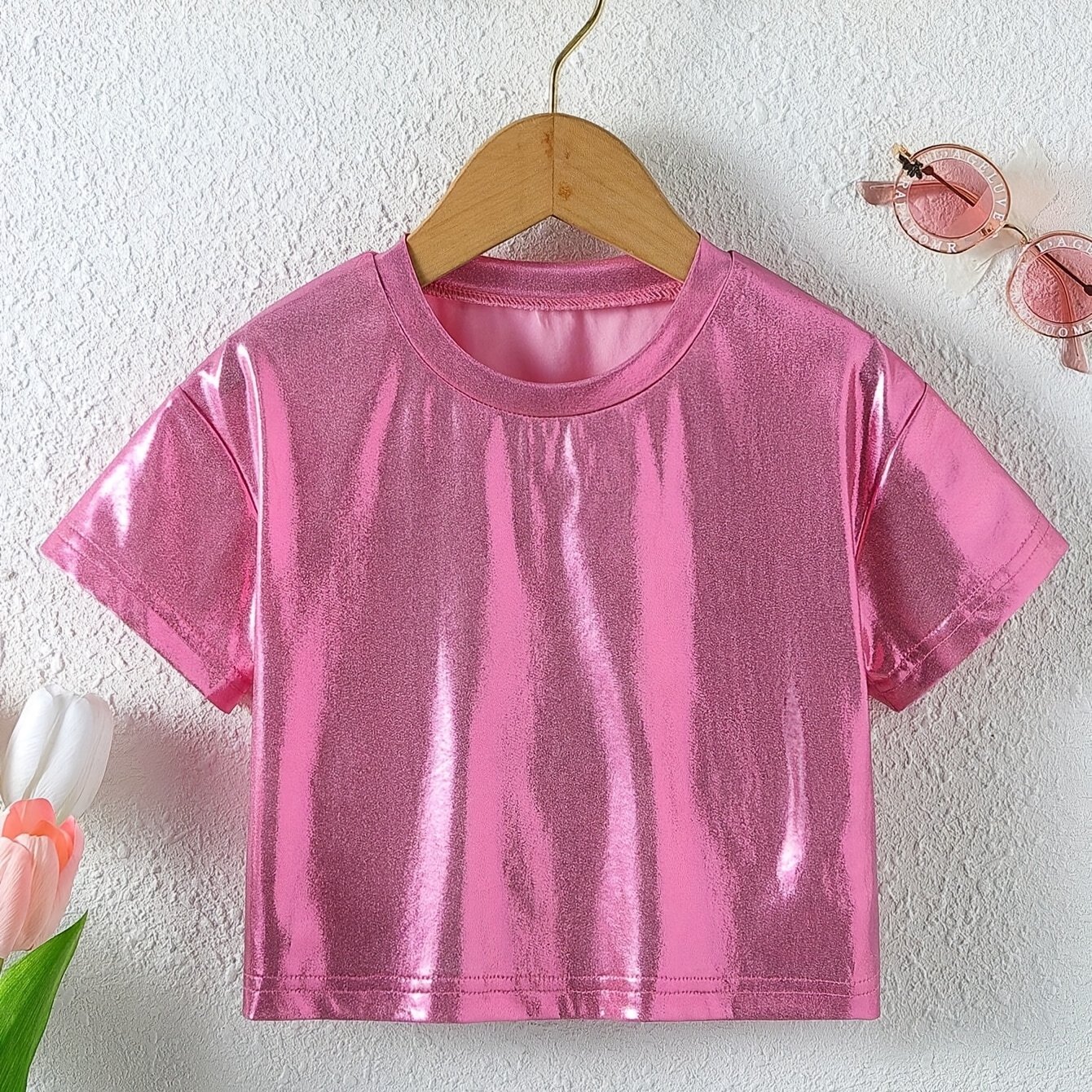 Image of Short Sleeve Stage Performance T-shirt - Summer Round Neck Solid Color Dance Top, Machine Washable Short Sleeve Blouse For & Performances (no Under Shirt)