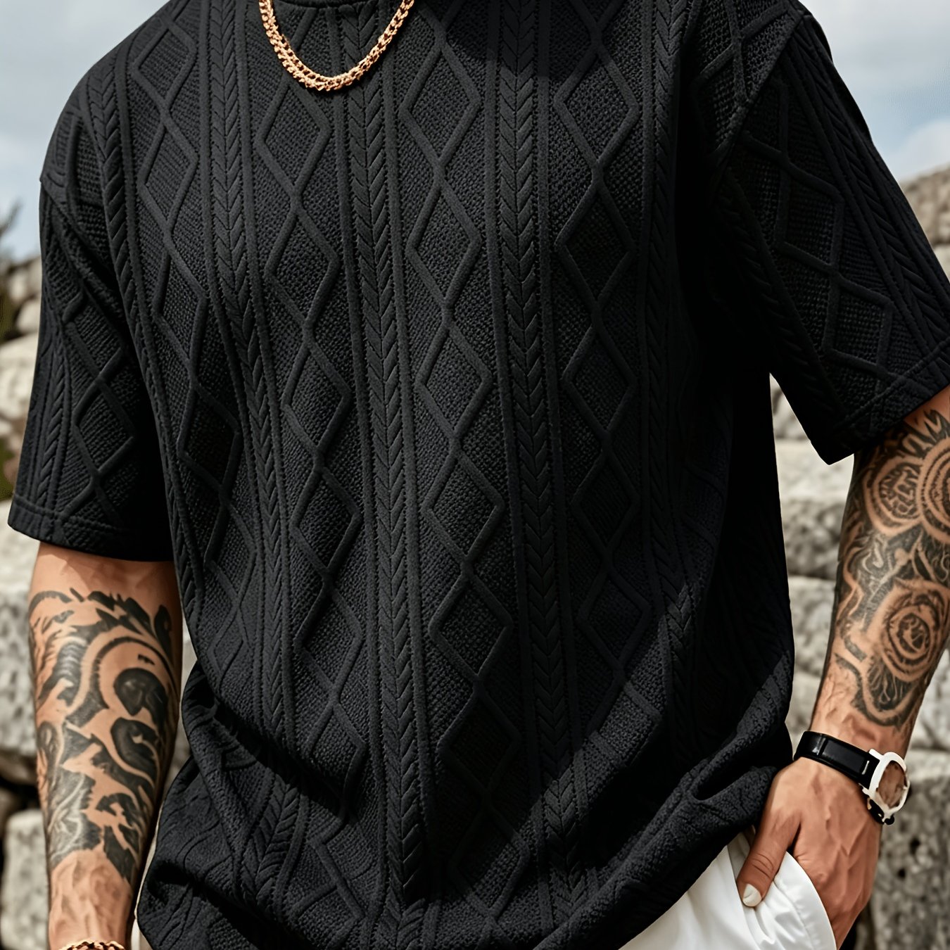 TEMU T-shirt pull décontracté polyvalent et pour homme, printemps/été, à manches courtes et col ras du cou, en jacquard de couleur unie