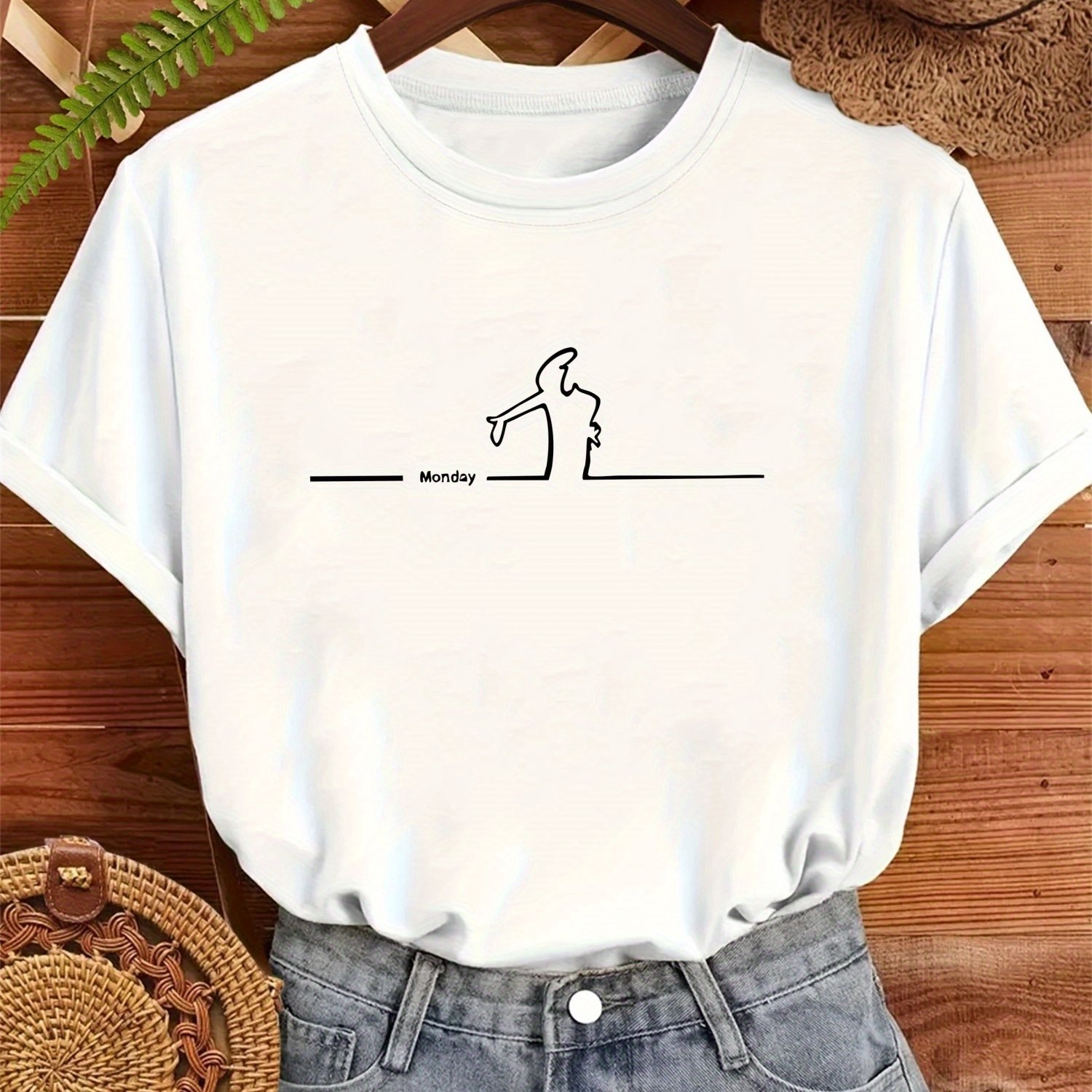 TEMU Kvinnenes "Monday" Grafisk T-skjorte - Svart, Avslappet med Kortermet Rund Hals og Hvitt Bokstavtrykk & Pinnefigurkunst, Mykt Stoff, Normal