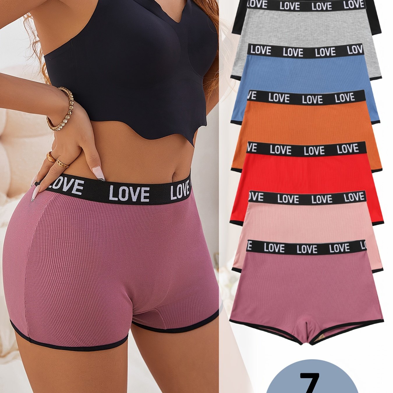 7-pack Love Belt, Ribbed Cozy Women's Plus Size Boxer Briefs