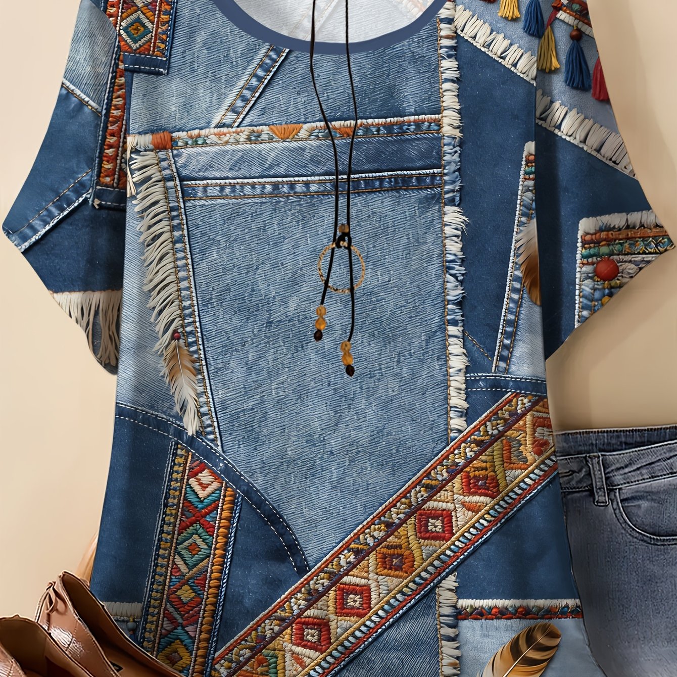 TEMU [printed Pants - Not Denim Fabric]plus Size - [printed Pants - Not Denim Fabric]plus Size - Plus Size Denim Print Bohemian T-shirt - Casual