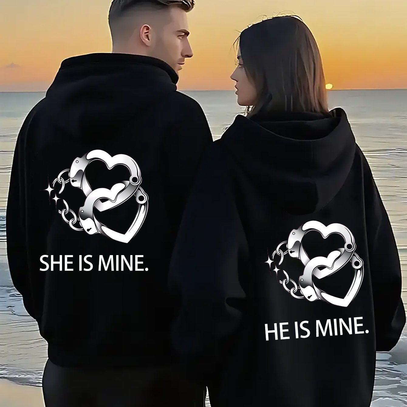 TEMU Couple Hooded Sweatshirt With "he/ My Love" Couple Print Pattern, Synchronized Heartbeat, Trendy And Is Super , Suitable For Dating, Shopping