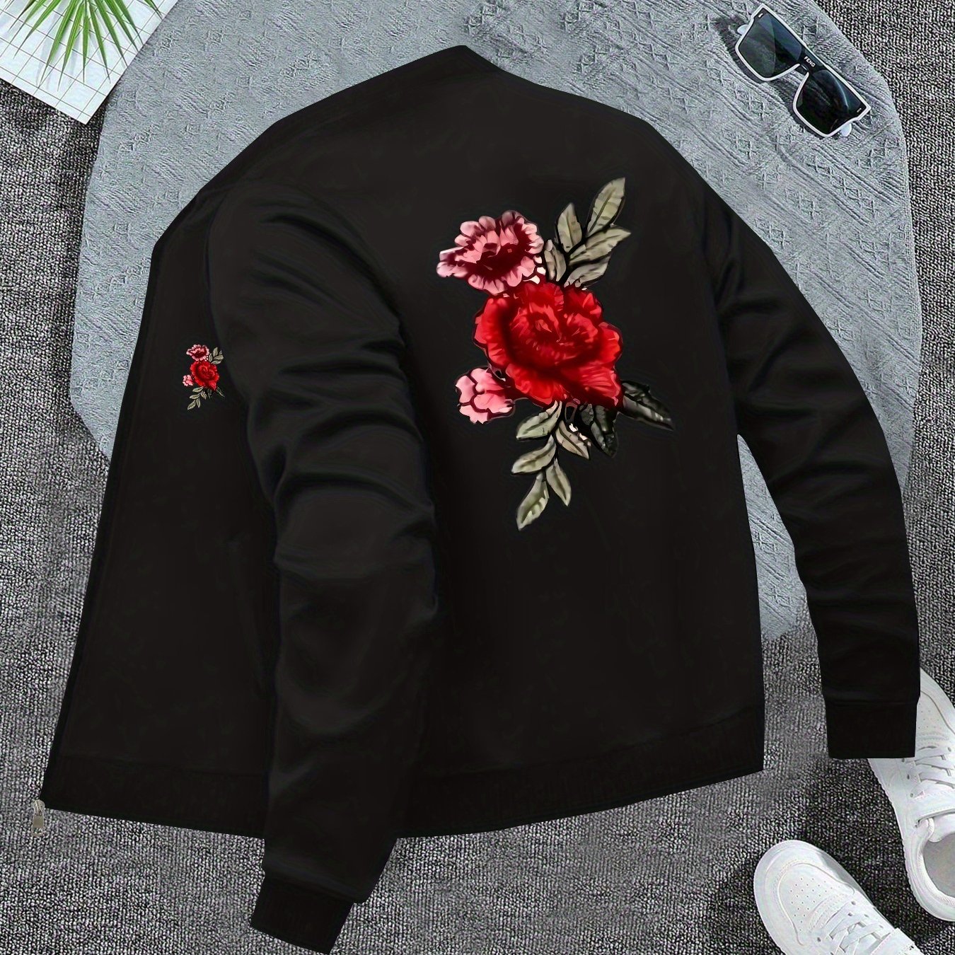 TEMU Women's Trendy Floral Print Jacket, A Casual Zip-up Top With A Stand Collar, Versatile Design For Stylish Outerwear