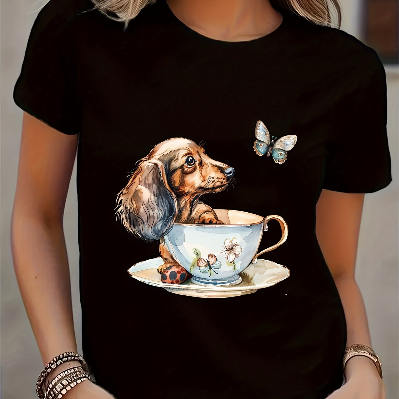 TEMU Women's Easter Dachshund In Cup Graphic T-shirt, Casual Crew Neck, Short Sleeve, Polyester Knit Fabric, Regular Fit, Stretch, Geometric Pattern,