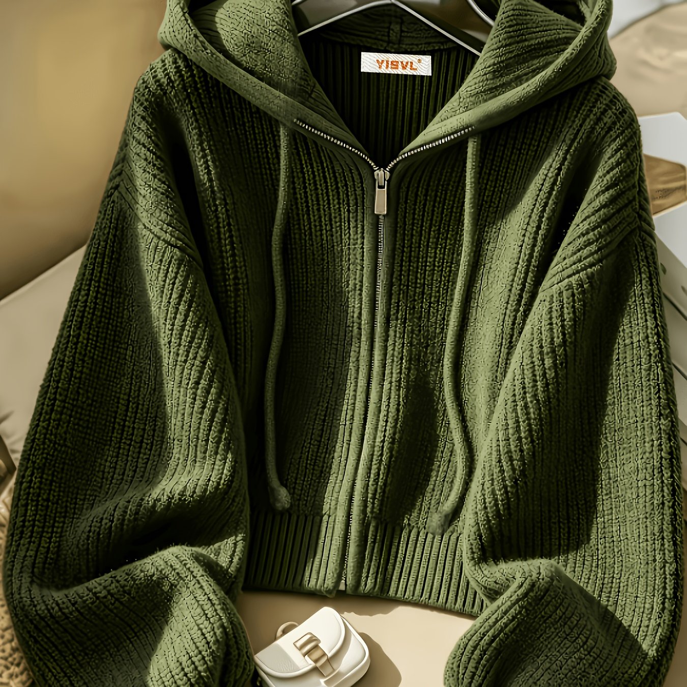 TEMU Sweat-shirt à capuche zippé facile couleur unie, pull à capuche à manches lanterne décontracté automne hiver, collection vêtements femme 2026
