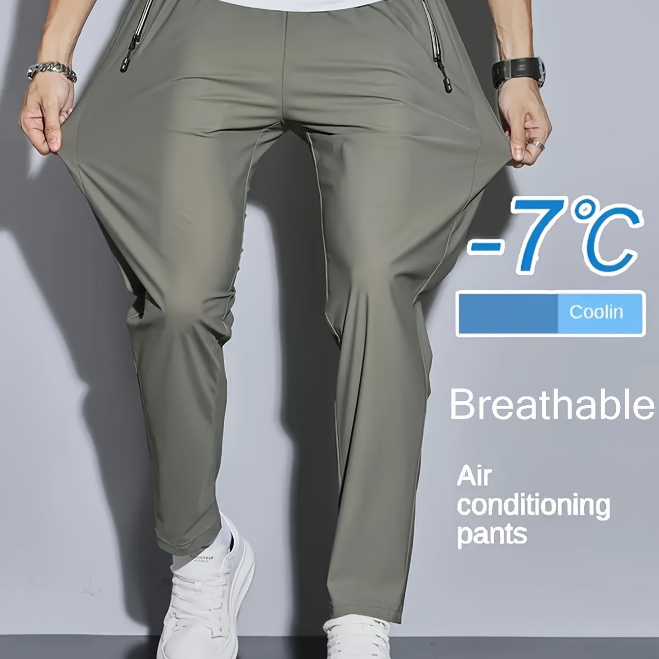 TEMU Men's Summer Lightweight Ice- Straight-leg Trousers - Cool Quick-dry Casual Pants With Drawstring Waist And Zipper Pockets, High-stretch Solid