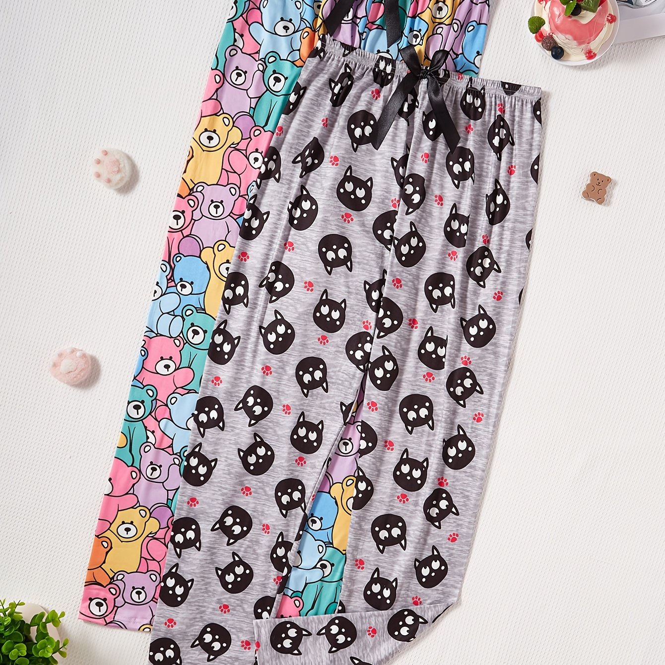 Image of 2pcs Cute Cartoon Long Pants, Soft Fabric, Elastic Drawstring Waist, Machine Washable, Wear