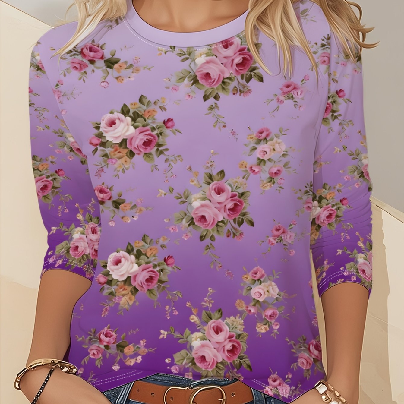 TEMU Plus Size - Plus Size - Elegant Style Small Pattern, Rich Floral Pattern, Autumn Winter New Product, Individual Pattern, Print Graphic Print